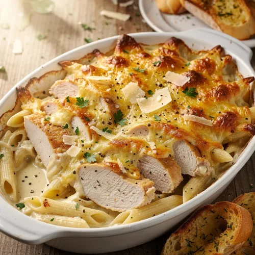Cheesy chicken Alfredo casserole with penne pasta, creamy Alfredo sauce, sliced chicken breast, Parmesan cheese, and garlic bread on a rustic table.