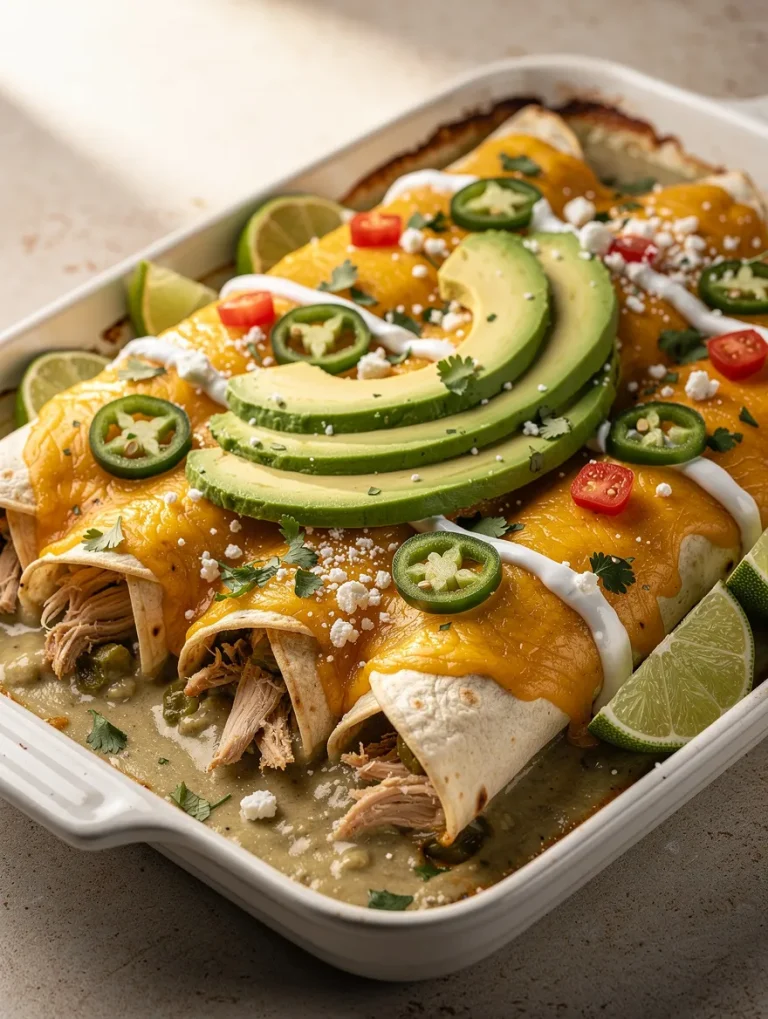 Chicken enchiladas with sour cream and green chilies topped with melted cheddar cheese, avocado, jalapeños, queso fresco, cilantro, and lime wedges.