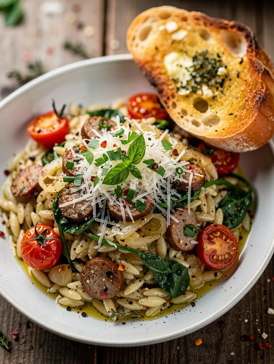 Chicken sausage orzo pasta with spinach, cherry tomatoes, Parmesan cheese, herbs, and toasted garlic bread served in a rustic bowl.