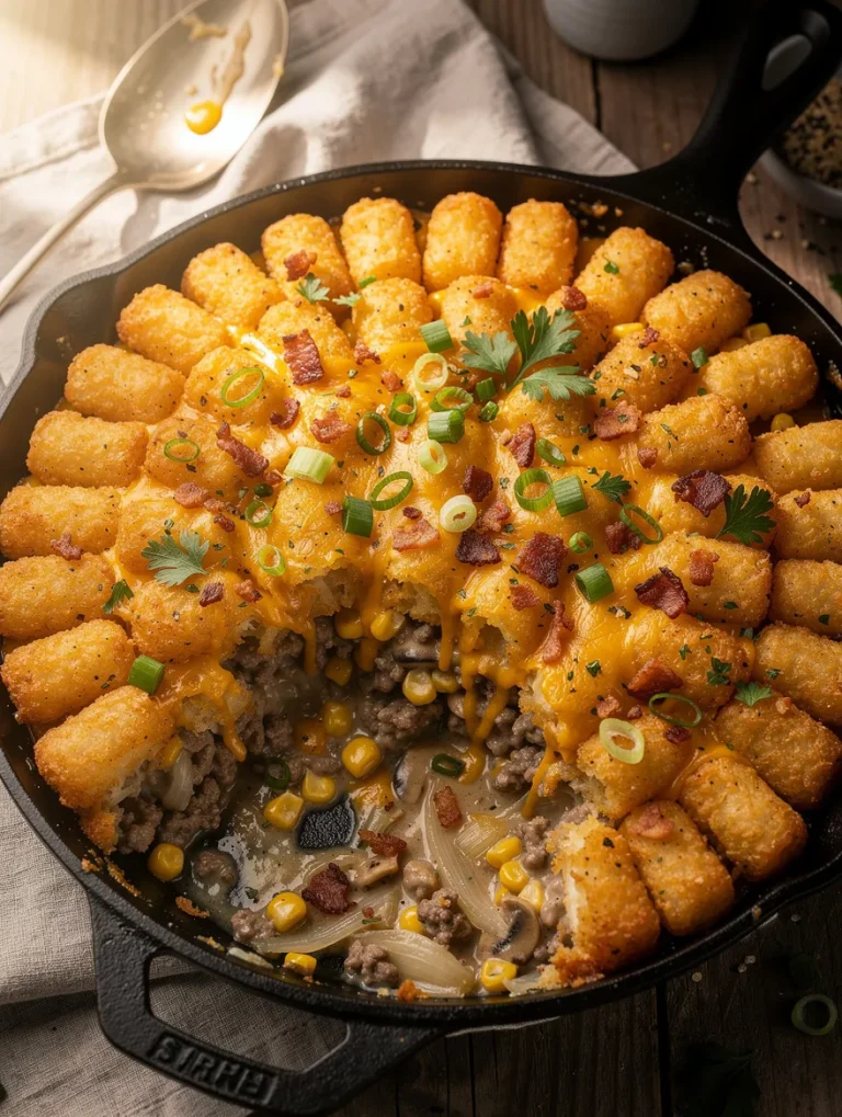 Cowboy casserole with crispy tater tots, seasoned ground beef, melted cheddar cheese, bacon, corn, and green onions baked in a cast iron skillet.