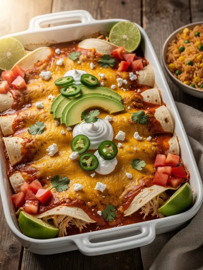Crockpot Chicken Enchiladas in a baking dish topped with melted cheddar cheese, avocado, sour cream, jalapeños, tomatoes, queso fresco, cilantro, and served with Mexican rice.