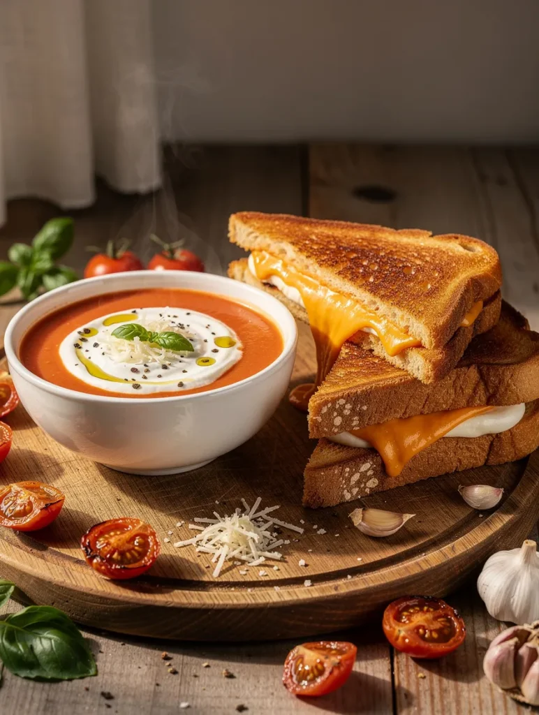 Creamy tomato soup with basil, Parmesan, and cream served alongside golden grilled cheese sandwiches with melted cheddar on toasted bread.