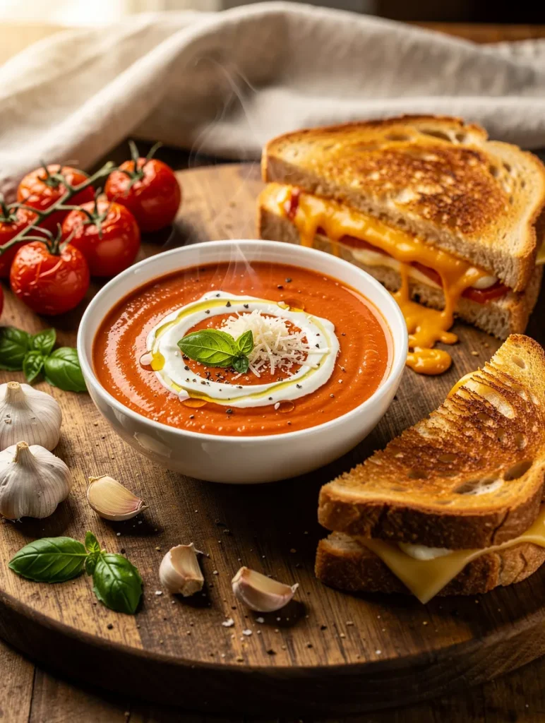 Creamy tomato soup garnished with basil, Parmesan, and cream served with crispy sourdough grilled cheese sandwiches and roasted cherry tomatoes.