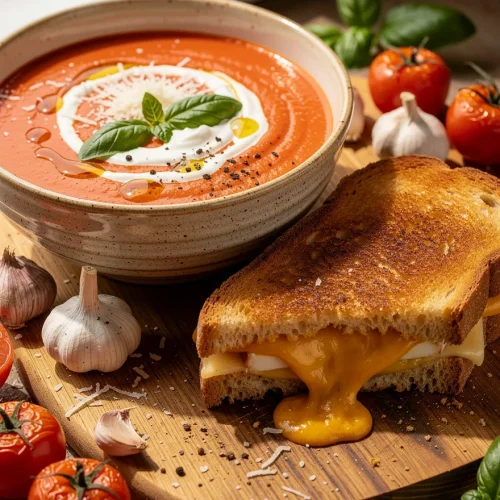 Creamy tomato soup with basil, Parmesan, and cream served alongside a golden grilled cheese sandwich with melted cheddar on toasted sourdough.