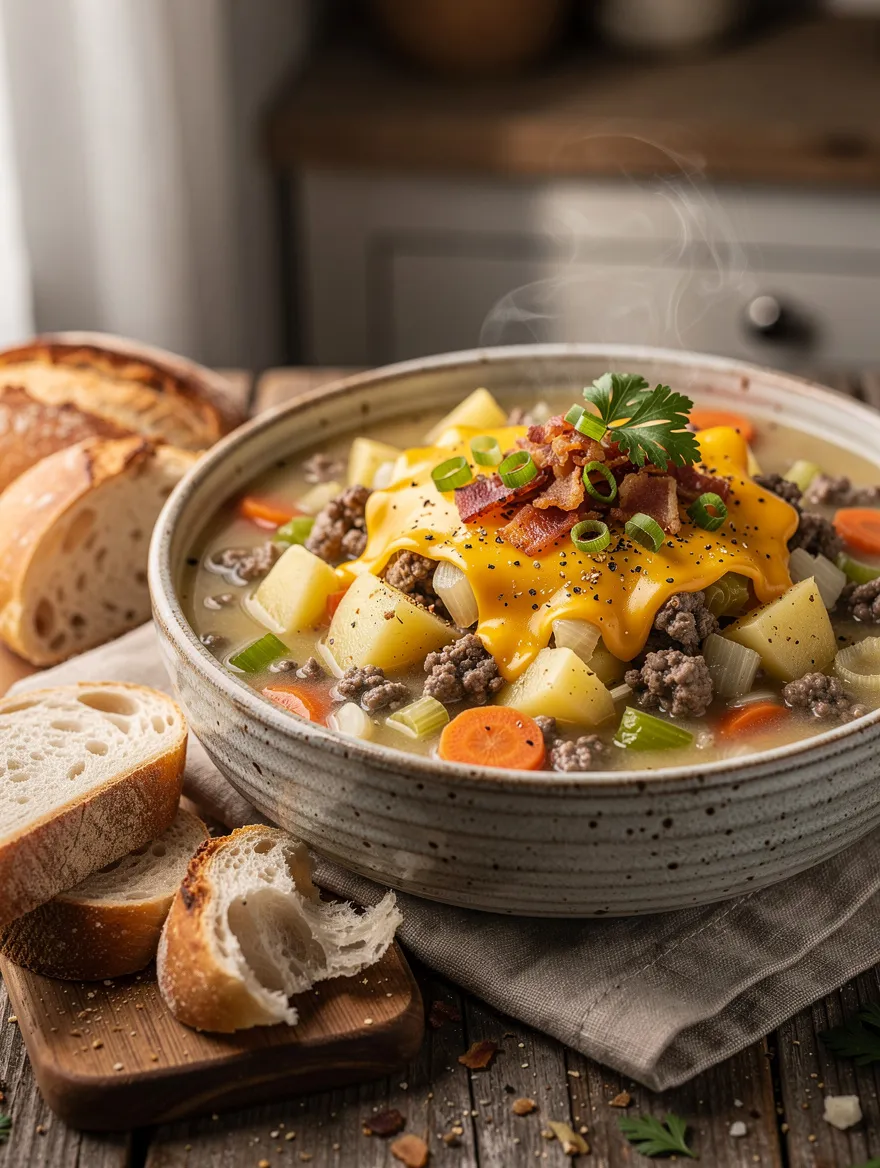 Hamburger potato soup served in a rustic bowl with ground beef, potatoes, carrots, celery, onions, melted cheddar cheese, crispy bacon, green onions, and fresh parsley, alongside slices of crusty bread.
