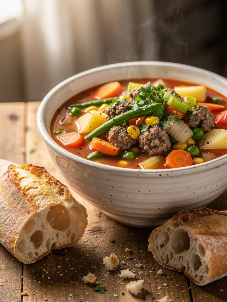 Hamburger vegetable soup with ground beef, carrots, potatoes, green beans, corn, peas, celery, and tomatoes in a savory tomato broth, served with crusty artisan bread.