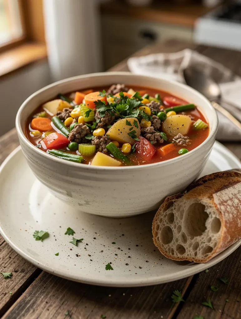 Homemade hamburger vegetable soup with ground beef, potatoes, carrots, green beans, corn, peas, celery, and tomatoes in a rich tomato broth, served with crusty artisan bread.