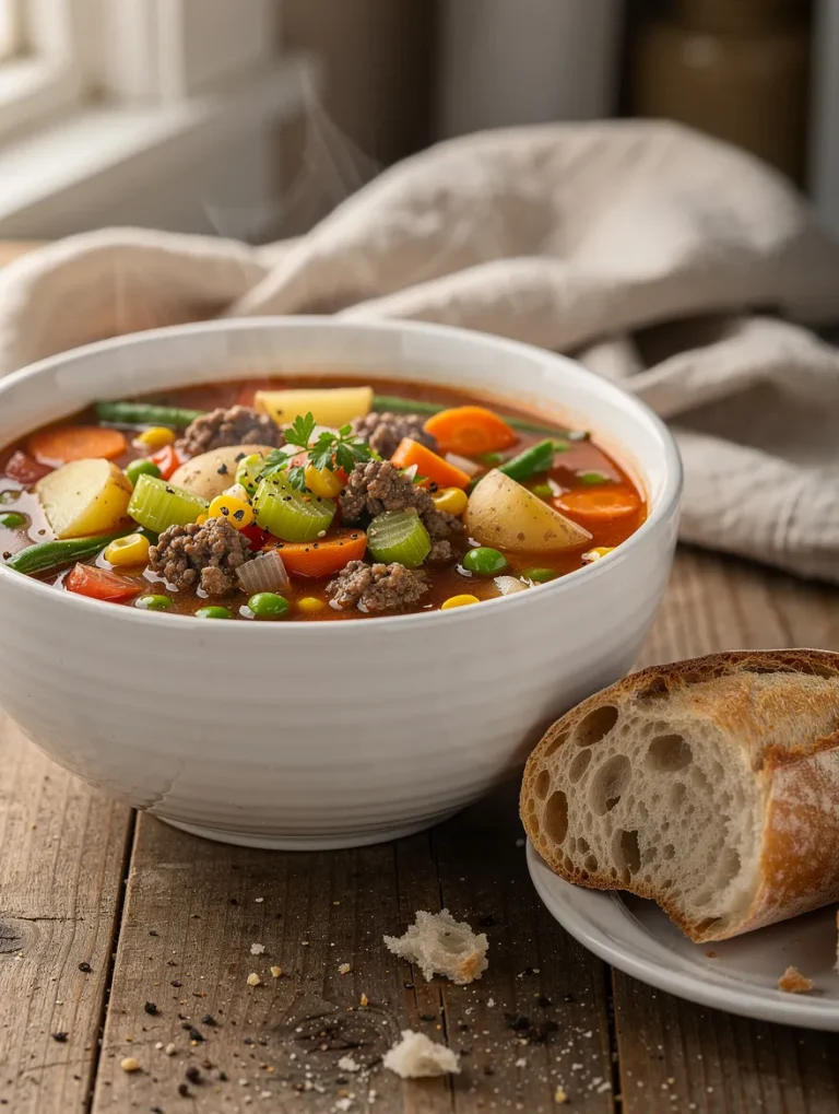 Hearty hamburger vegetable soup made with ground beef, potatoes, carrots, celery, green beans, corn, peas, and tomatoes, served with crusty artisan bread on a rustic wooden table.