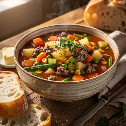 Homemade hamburger vegetable soup with ground beef, potatoes, carrots, celery, green beans, corn, peas, and tomatoes in a rich tomato broth, served with sliced artisan bread.