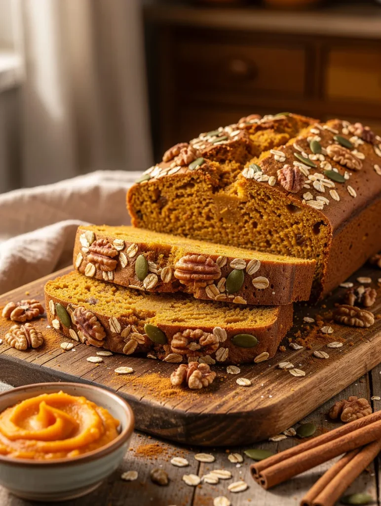 Healthy pumpkin bread with pecans, pumpkin seeds, and rolled oats, sliced on a wooden board beside pumpkin puree and cinnamon sticks in a cozy fall kitchen.