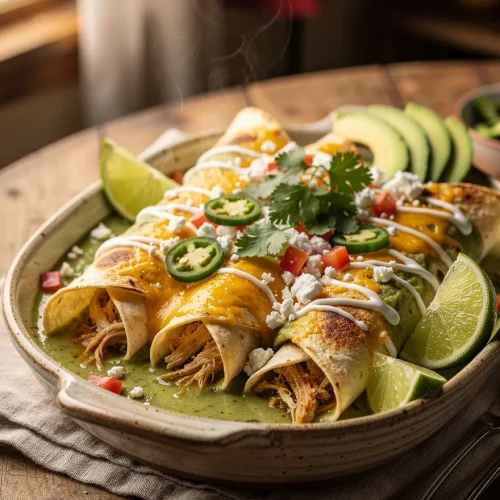 Honey lime chicken enchiladas topped with melted cheddar, green enchilada sauce, avocado, queso fresco, cilantro, jalapeños, and fresh lime wedges.