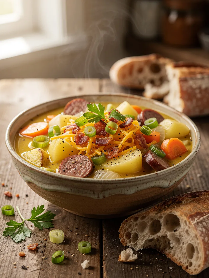Hearty kielbasa potato soup with sliced kielbasa sausage, tender potatoes, carrots, onions, cheddar cheese, crispy bacon, green onions, parsley, and crusty artisan bread.