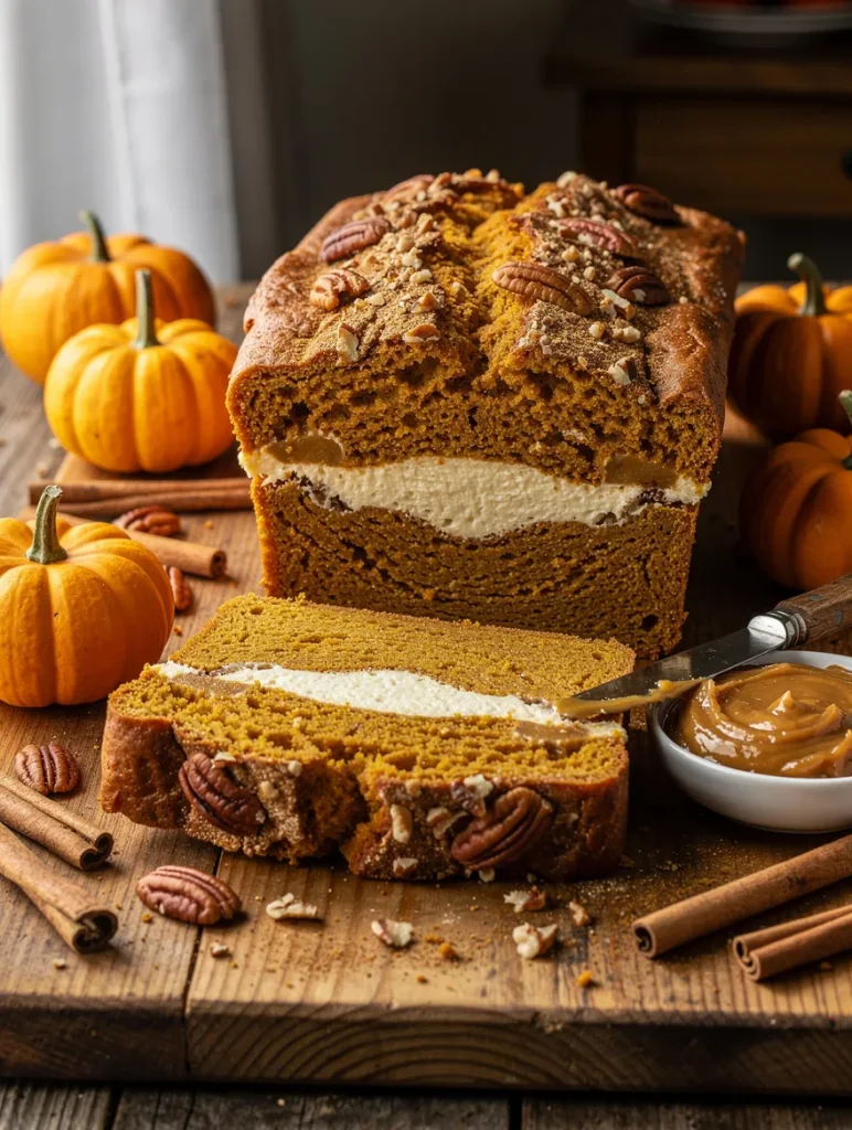 Pumpkin cream cheese bread with a creamy cheesecake swirl, pecan topping, and caramel layer, sliced on a rustic wooden board with mini pumpkins, cinnamon sticks, and caramel sauce.