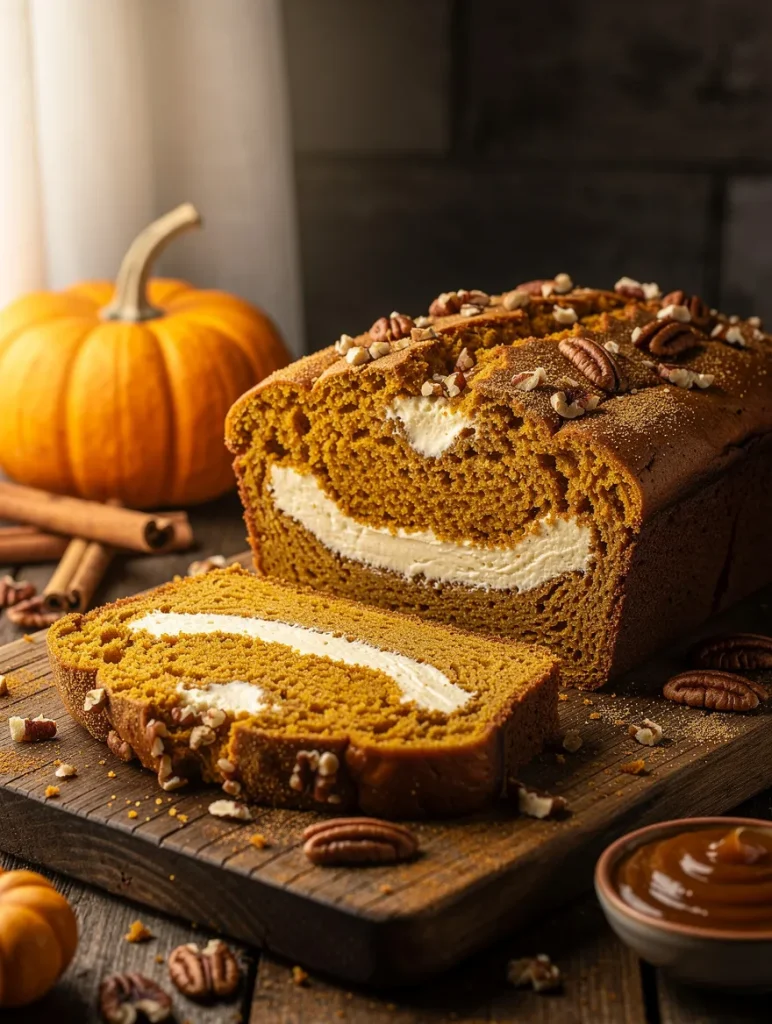 Rustic pumpkin cream cheese bread with a rich cream cheese swirl, pecan topping, sliced on a wooden board with cinnamon sticks, mini pumpkins, pecans, and caramel sauce.