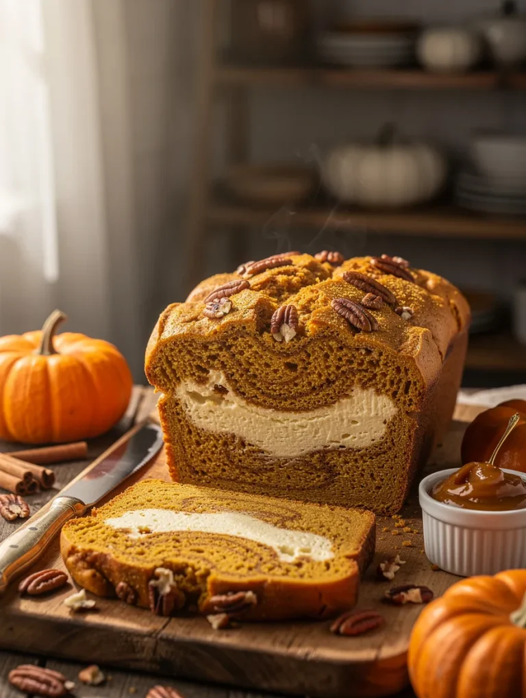 Homemade pumpkin cream cheese bread with a thick cheesecake-like cream cheese swirl, topped with pecans, sliced on a wooden board with pumpkins, cinnamon sticks, and caramel sauce.