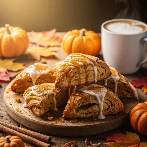 Pumpkin scones with maple and vanilla glaze served on a rustic wooden board with coffee, mini pumpkins, pecans, cinnamon sticks, and colorful autumn leaves.