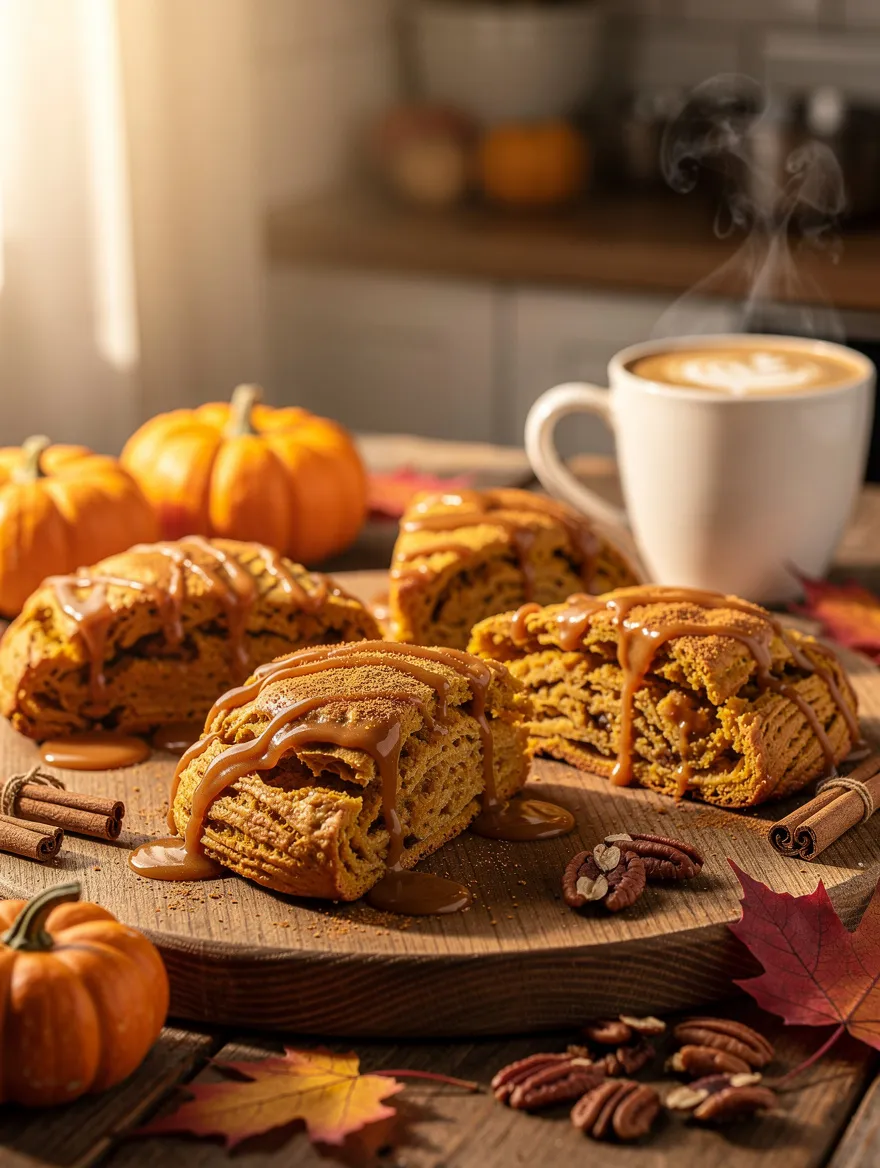 Pumpkin scones drizzled with caramel glaze served with coffee, mini pumpkins, pecans, and cinnamon on a rustic wooden board.