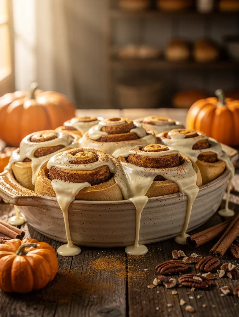 Soft pumpkin spice cinnamon rolls covered with thick cream cheese frosting in a round ceramic baking dish, surrounded by mini pumpkins, cinnamon sticks, and pecans on a rustic wooden table.