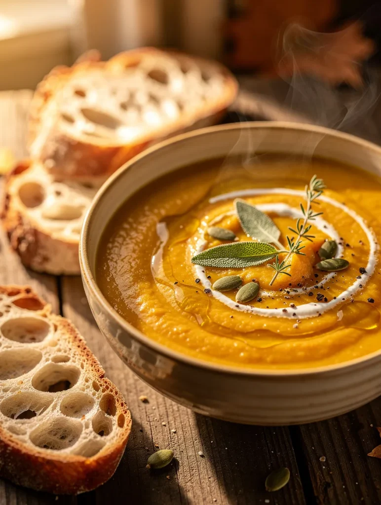 Creamy roasted butternut squash soup with apple, sage, pumpkin seeds, cream swirl, and artisan sourdough bread on a rustic wooden table.