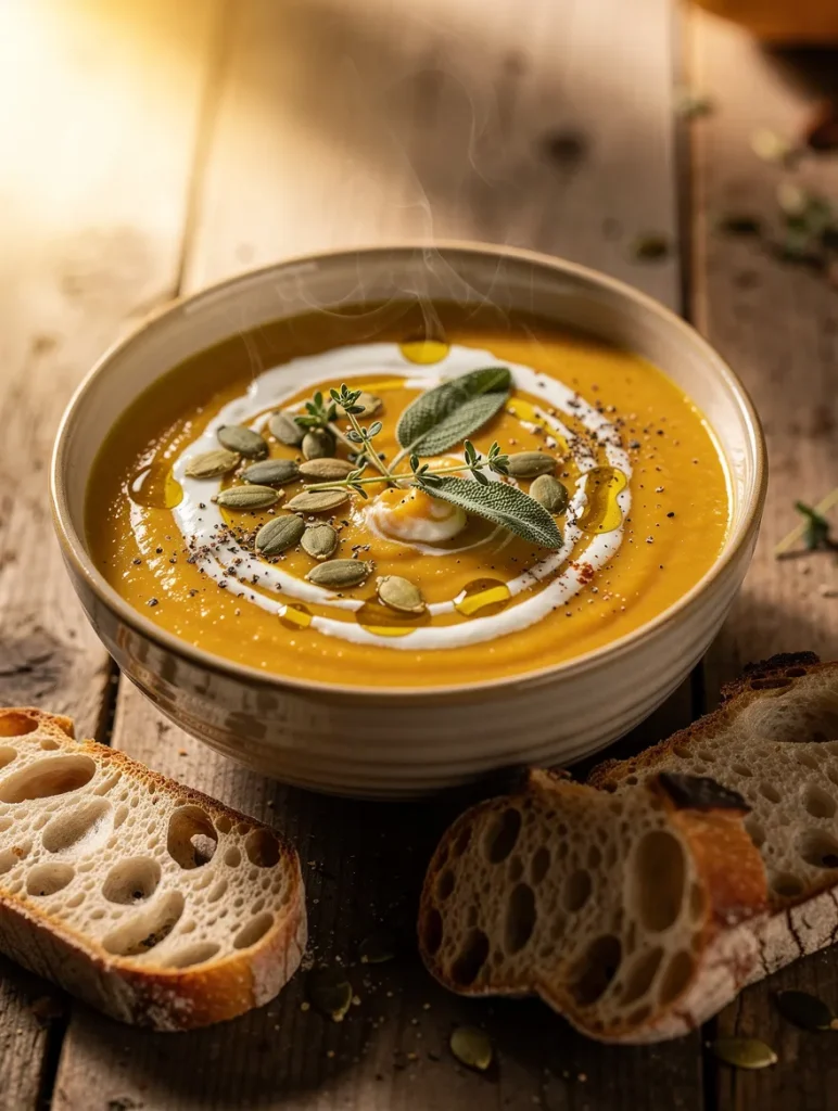Creamy roasted butternut squash soup with apple topped with pumpkin seeds, sage, cream, and olive oil, served with rustic sourdough bread.