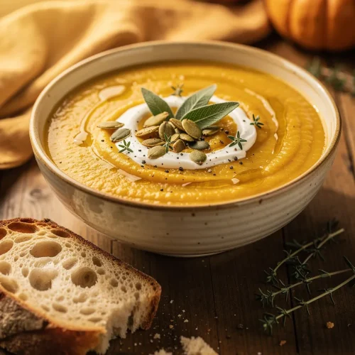 Roasted butternut squash soup with apple topped with pumpkin seeds, sage, cream, and olive oil, served with crusty artisan bread.