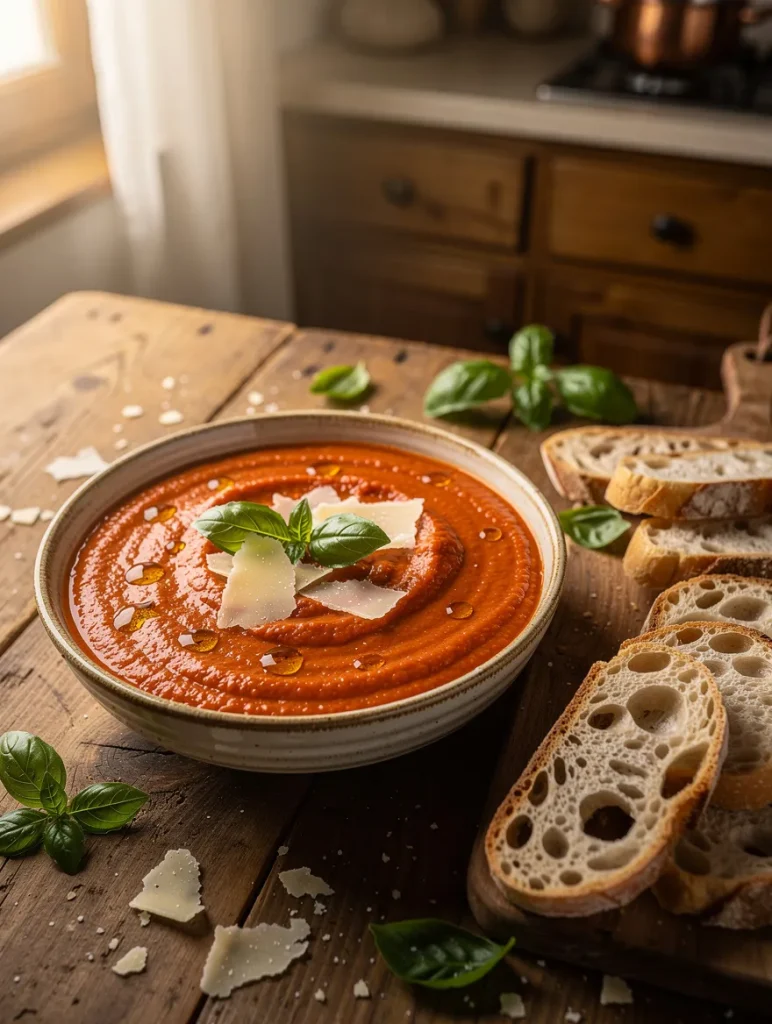 Smooth roasted tomato sauce topped with shaved Parmesan, fresh basil, and olive oil, served with sliced artisan sourdough bread on a rustic wooden table.