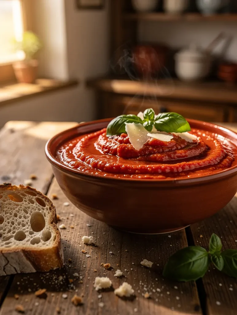 Rich roasted tomato sauce in a rustic bowl topped with fresh basil and shaved Parmesan, served with artisan bread in a cozy farmhouse kitchen.