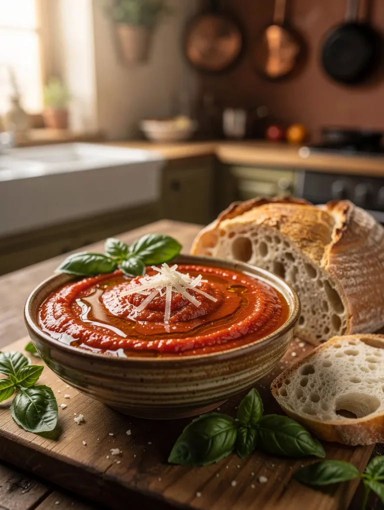 Creamy roasted tomato sauce garnished with Parmesan cheese, fresh basil, and olive oil, served with crusty artisan sourdough bread on a rustic wooden board.