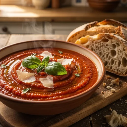 Homemade roasted tomato sauce garnished with fresh basil, shaved Parmesan, and olive oil, served with crusty artisan sourdough bread on a rustic wooden board.