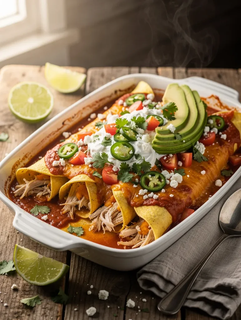 Rotisserie Chicken Enchiladas topped with red enchilada sauce, melted cheese, avocado, sour cream, jalapeños, tomatoes, cilantro, and queso fresco.