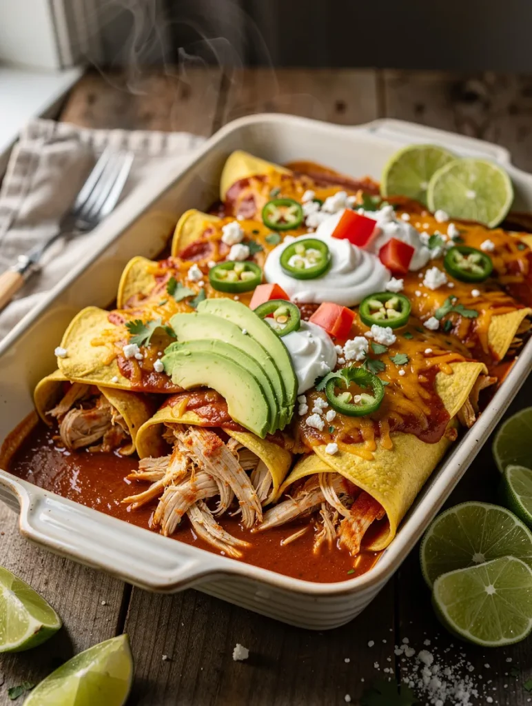 Rotisserie Chicken Enchiladas with shredded chicken, red enchilada sauce, melted cheese, avocado, sour cream, jalapeños, queso fresco, and lime wedges.
