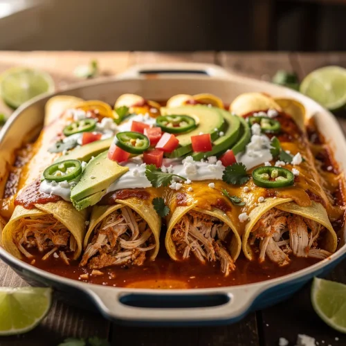 Rotisserie Chicken Enchiladas baked with red enchilada sauce, melted cheddar cheese, avocado, sour cream, jalapeños, tomatoes, cilantro, and queso fresco.