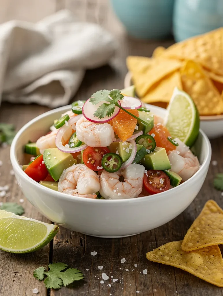 Shrimp and scallop ceviche with avocado, cucumber, cherry tomatoes, jalapeños, red onion, citrus segments, cilantro, lime wedges, and tortilla chips.