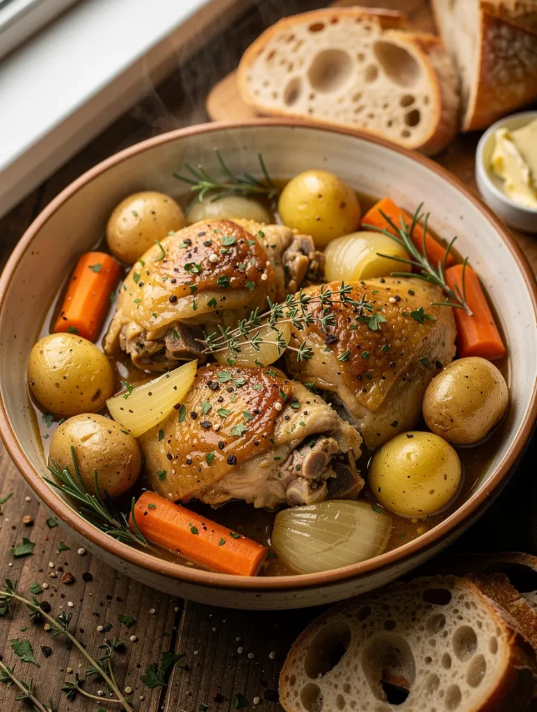 Slow cooker chicken thighs with baby potatoes, carrots, onions, and rosemary served in a rustic bowl with crusty artisan bread.