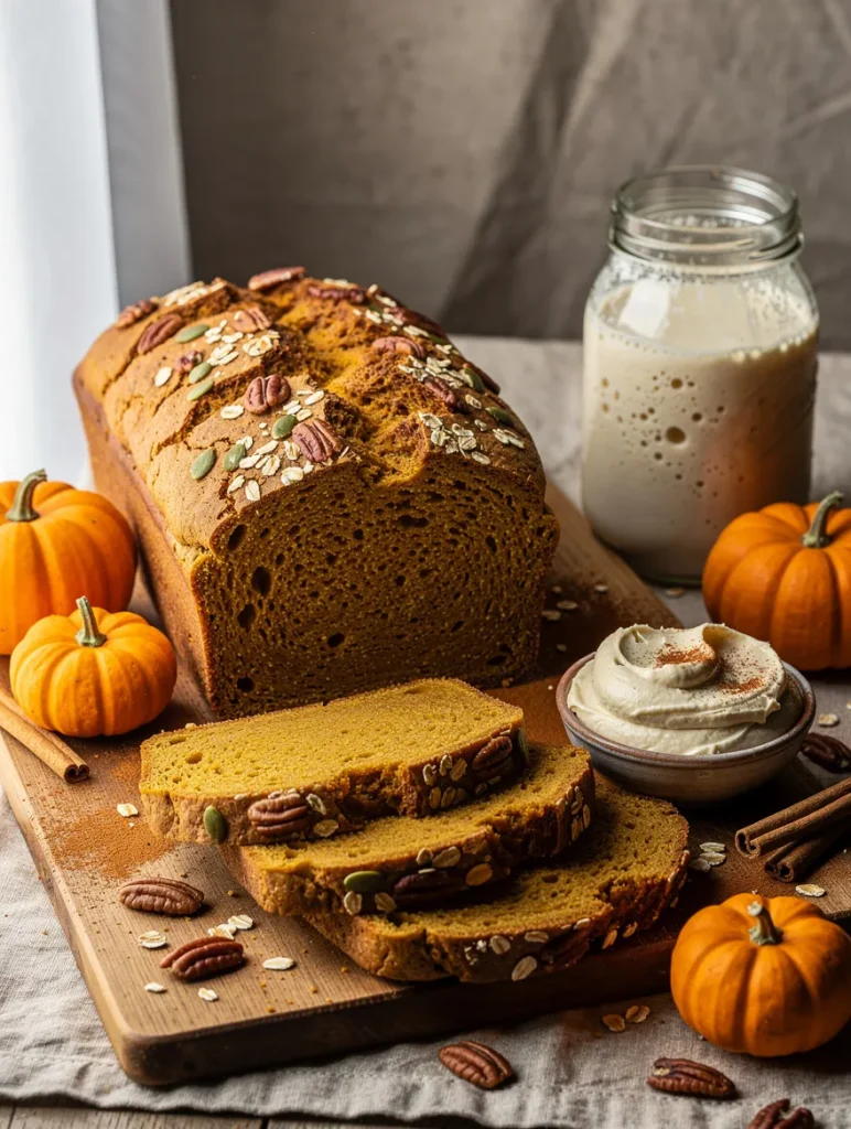Sourdough discard pumpkin bread topped with pumpkin seeds, oats, and pecans, sliced on a wooden board with whipped cinnamon butter, sourdough starter, and mini pumpkins.