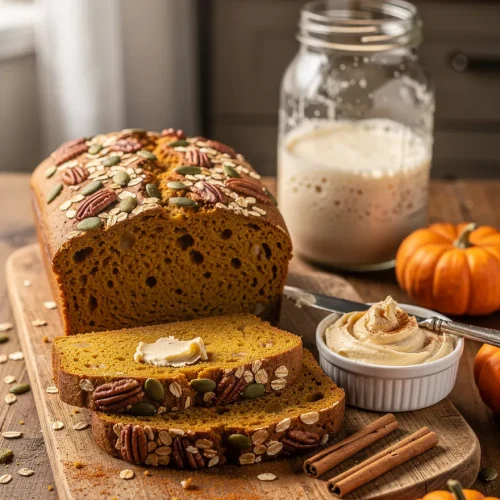 Sliced sourdough discard pumpkin bread topped with pumpkin seeds, oats, and pecans, served with cinnamon butter, sourdough starter, and mini pumpkins on a wooden board.