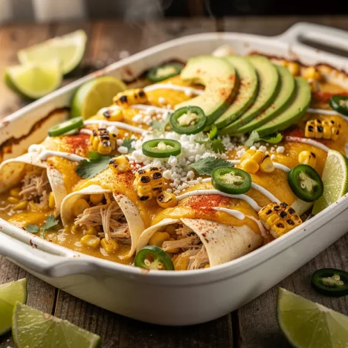 Street corn chicken enchiladas with grilled corn, melted cheddar cheese, avocado, jalapeños, queso fresco, sour cream, cilantro, and fresh lime wedges.