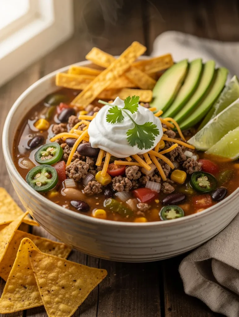 Steaming bowl of taco soup with ground beef topped with sour cream, shredded cheddar cheese, avocado slices, jalapeños, cilantro, tortilla strips, lime wedges, black beans, corn, and tomatoes.