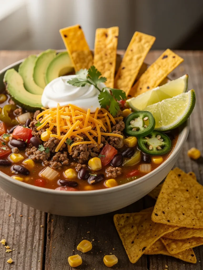 Hearty taco soup with ground beef topped with shredded cheddar cheese, sour cream, avocado slices, jalapeños, tortilla strips, cilantro, lime wedges, black beans, and corn.