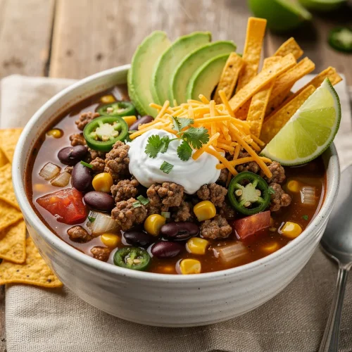 Steaming bowl of taco soup with ground beef topped with avocado slices, shredded cheddar cheese, sour cream, jalapeños, tortilla strips, cilantro, lime wedge, black beans, and corn.