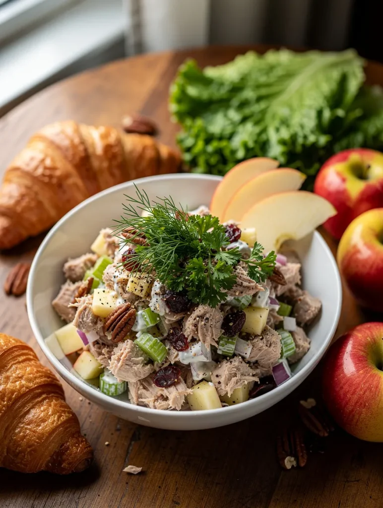 Creamy tuna salad with apples, celery, dried cranberries, pecans, red onion, and fresh herbs served with apple slices and croissants.