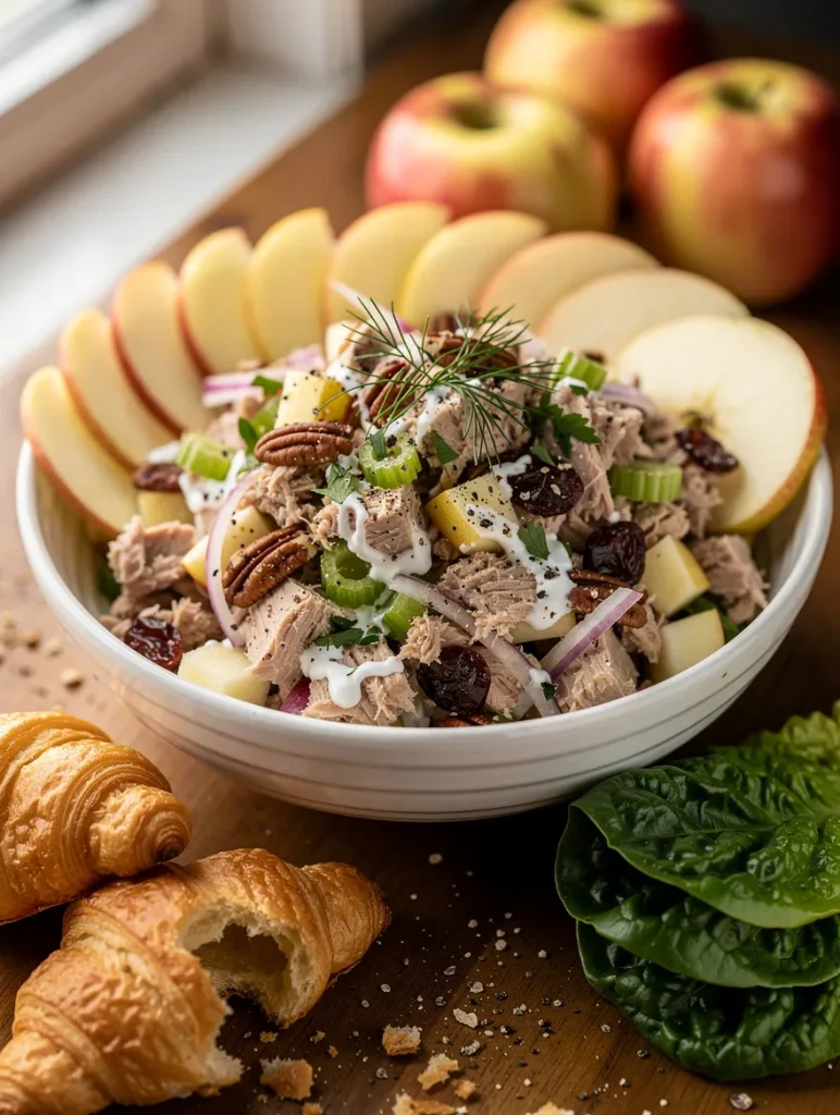 Apple tuna salad with celery, pecans, dried cranberries, red onion, and creamy dressing served with fresh apple slices and flaky croissants.