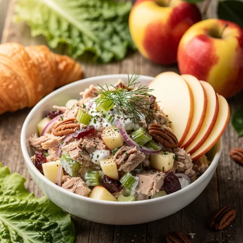 Creamy tuna salad with apples, celery, red onion, pecans, dried cranberries, and fresh herbs served with apple slices and croissants.