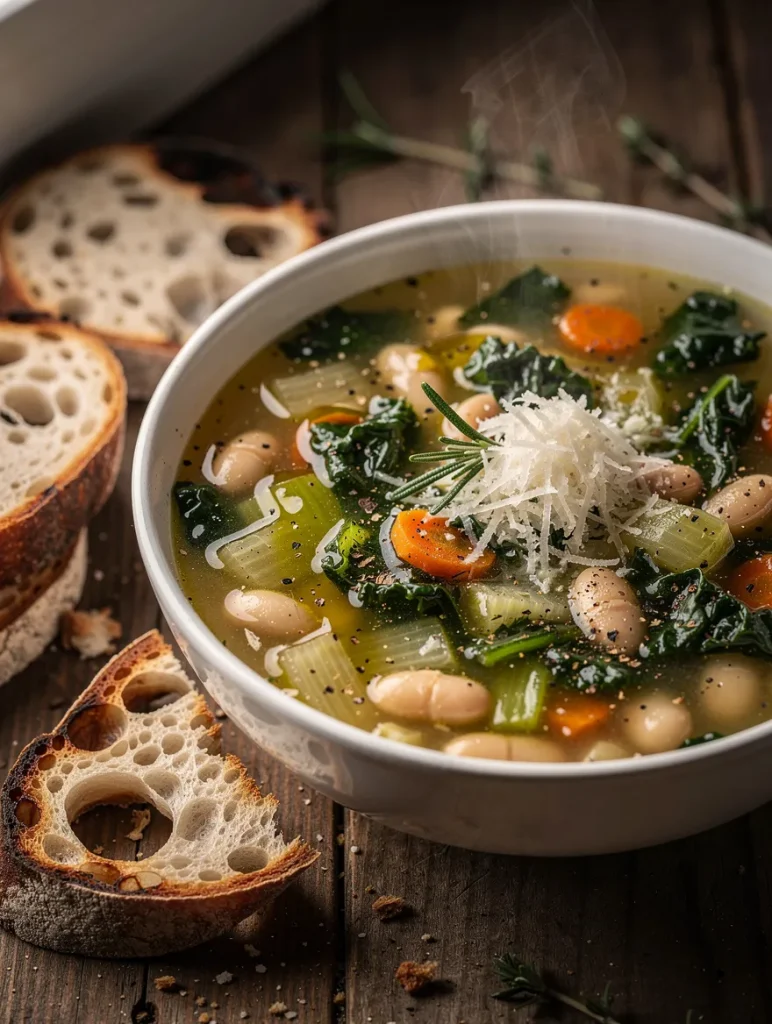 Rustic Tuscan white bean kale soup with cannellini beans, kale, carrots, celery, Parmesan cheese, and crusty sourdough bread.