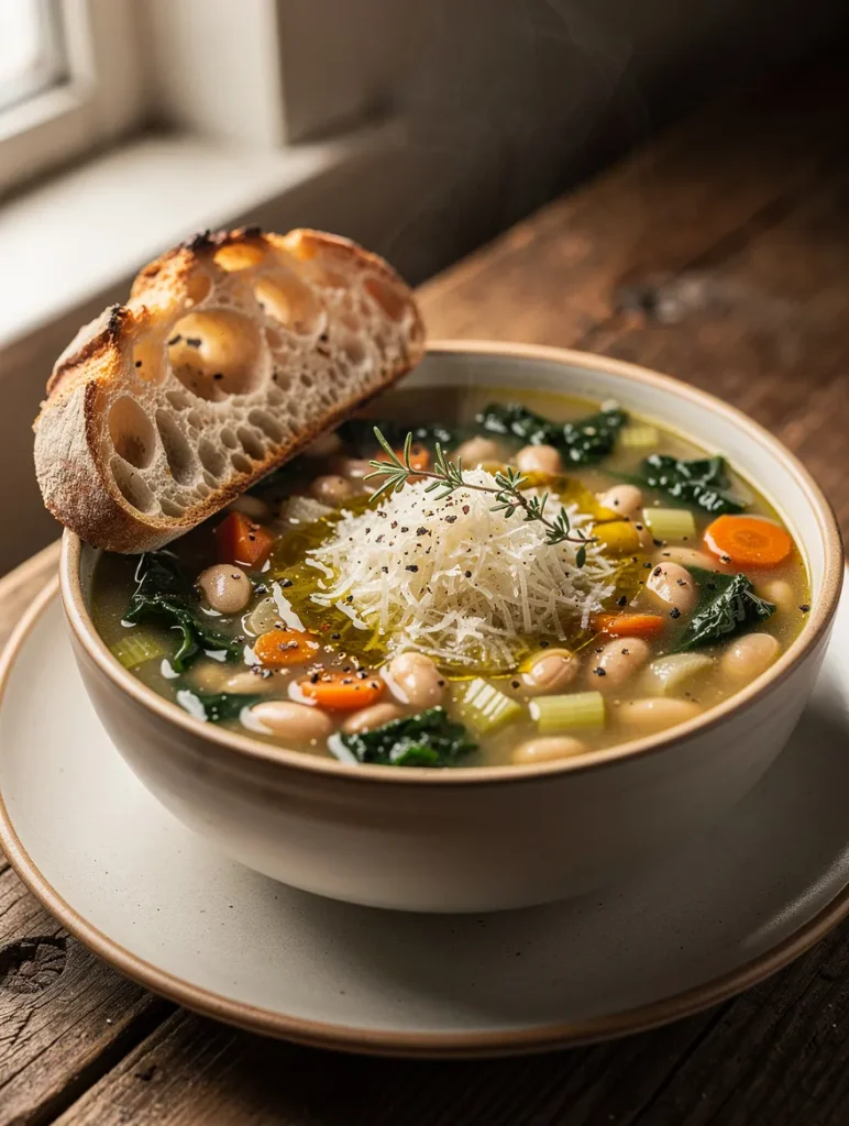 Hearty Tuscan white bean kale soup topped with grated Parmesan and rosemary, served with rustic sourdough bread on a wooden table.