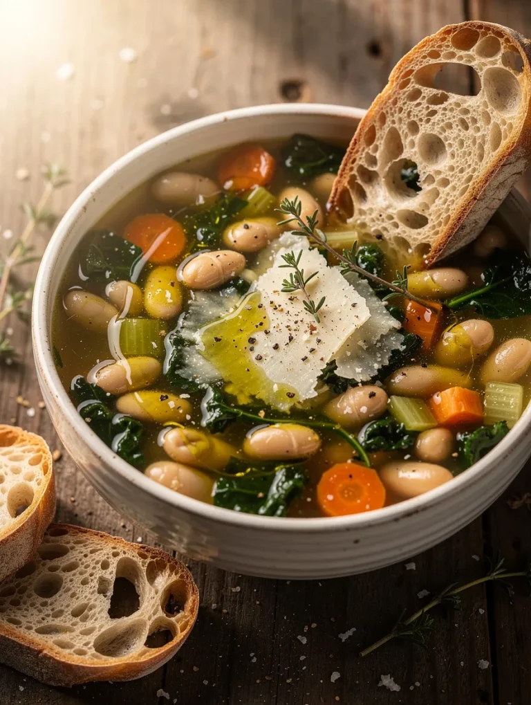 Tuscan white bean kale soup with cannellini beans, kale, carrots, celery, Parmesan cheese, olive oil, herbs, and crusty artisan bread.