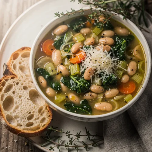 Rustic Tuscan white bean kale soup with cannellini beans, carrots, celery, kale, and grated Parmesan, served with artisan sourdough bread.