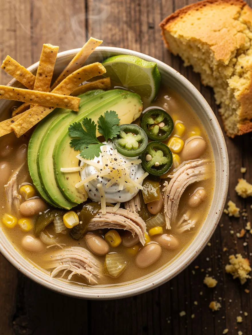 White bean chicken chili made in the crockpot topped with avocado, jalapeños, sour cream, shredded cheese, tortilla strips, and lime, served with cornbread.
