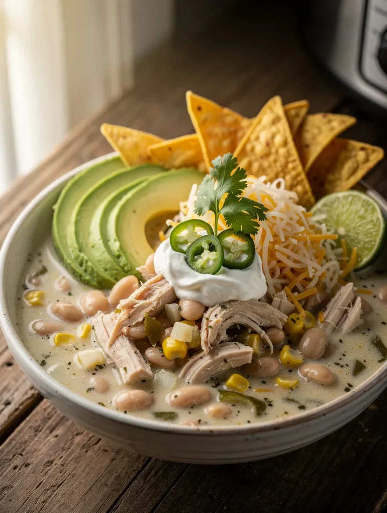 White chicken chili in a crock pot with shredded chicken, white beans, corn, avocado, shredded cheese, sour cream, jalapeño slices, cilantro, tortilla chips, and lime.