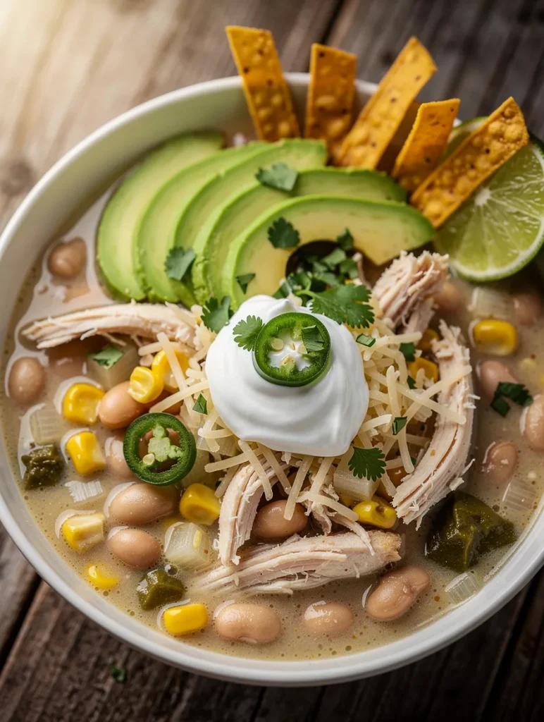 White chicken chili in a crock pot topped with shredded chicken, white beans, corn, avocado, sour cream, shredded cheese, jalapeño slices, cilantro, tortilla strips, and a fresh lime wedge.